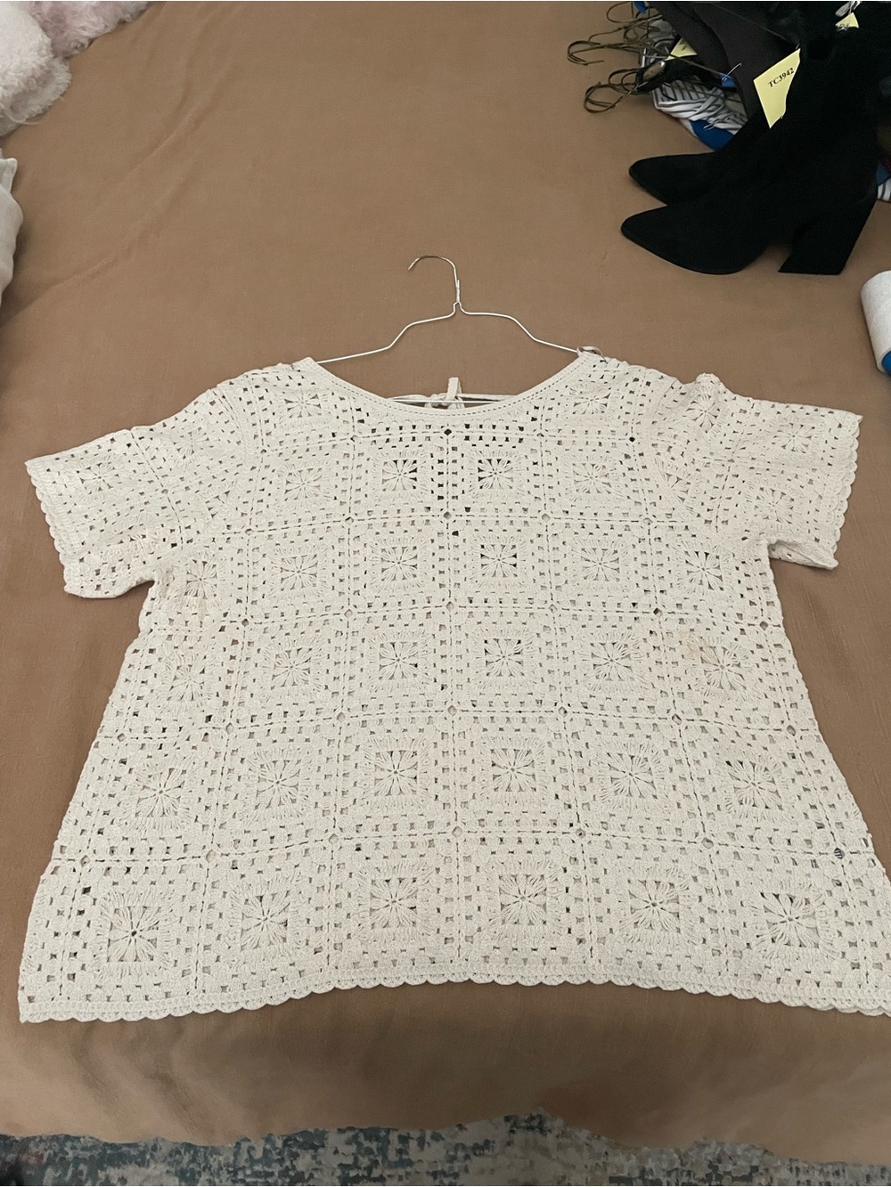 Fat Face Cream Crochet Short-Sleeve Top